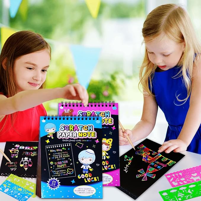 JUNQIU Scratch Paper Art for Kids, 2 Pack Bulk Rainbow Scratch Paper Crafts Toys for 3 4 5 6 7 8 9 10 Years Old Girls Kids Birthday Gifts