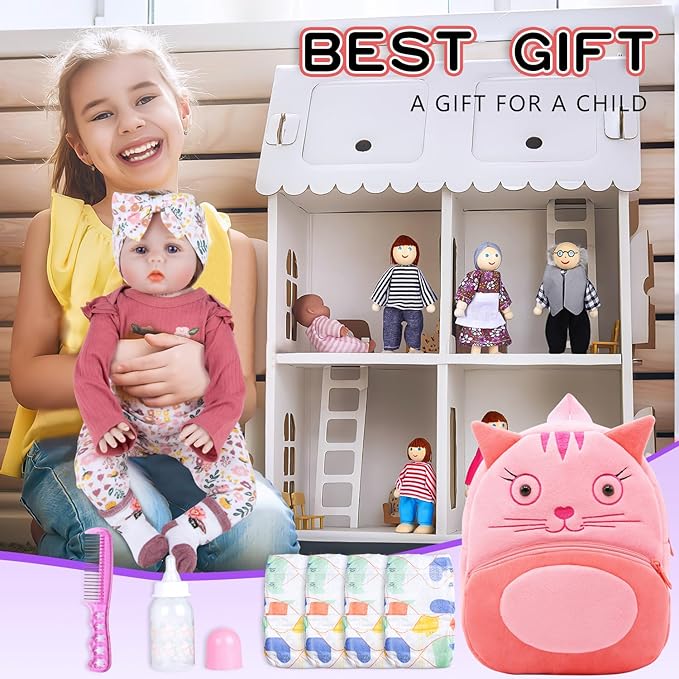 11Pcs Reborn Baby Doll Clothes 17-22 Inch Girl Floral Reborn Doll Clothes with Backpack Newborn Baby Outfits Diapers Bag & Feeding-Bottle, Pretend Play Doll Accessories Set