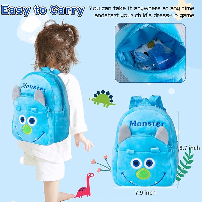 PEDOLLTREE 9 Pcs Set Reborn Baby Doll Clothes Outfit Accessories Blue Dinosaur Set for 17-22 Inch Reborn Doll Newborn Boy with Backpack Diaper
