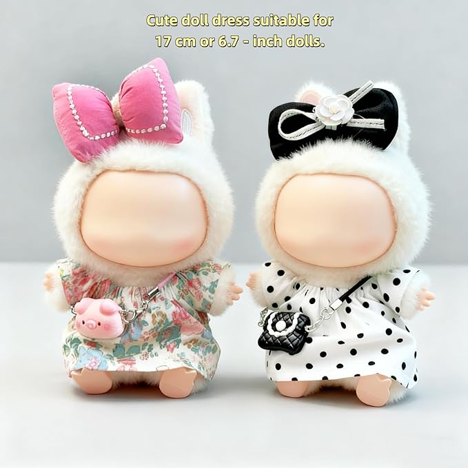 17 cm Doll Clothes 4 Sets - 6.7 Inches Cute Dolls Dress Outfits - Premium Fashion Accessories，Luxury Chic Doll Clothing & Style Bundle 3Pcs Set（Cute Doll Dress+Bow+Bag），Gifts for Lovers（No Dolls）