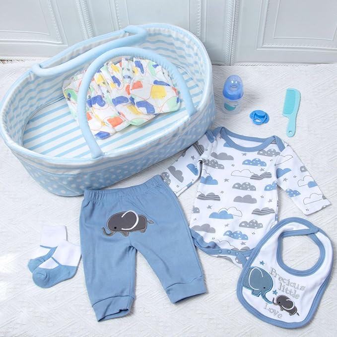 17-20-22 Inch Reborn Silicone Baby Doll Clothes Boy Reborn Clothes Baby Doll Accessories Set 12-Pieces Elephant Outfits+Bassinet +Soft Diapers and Feeding Accessory