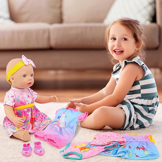 ECORELF 4 Set Doll Clothes, Baby Doll Clothes for 14 -16 Inch, 18 Inch Girl Doll Clothes Outfits and Accessories 7 Pcs Include Jumpsuit, Dresses, Headbands, Hats, Shoes (No Dolls)