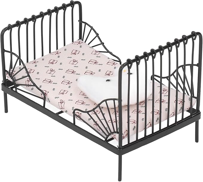 Fydun 1:12 Doll House Bed, 1 12 Children Metal Miniature Bedroom Bed,1 Scale European Furniture Accessory Black Frame with Mattress Pillow for Decor Type B (Type A)
