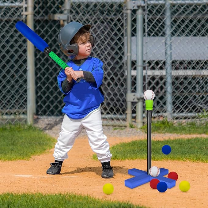 CeleMoon Foam Tball Set for Kids Toddlers 3-5, T Ball Baseball Softball Bat Set Adjustable Batting Tee, 8 Colored Balls, for Boys Girls 3-5 5-8 Years Indoor Outdoor Sport Playing Toys, Blue