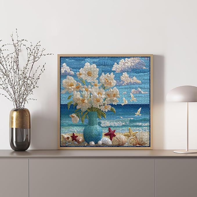 Beach Puzzles for Adults 1000 Piece, Flower Puzzles Ocean Seashells Bird, Floral Challenge Jigsaw Puzzle