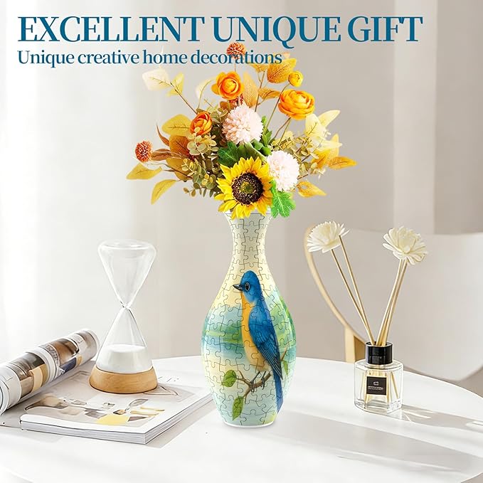 3D Puzzles Vase for Adults, Crafts for Adults, 160 Pieces Plastic DIY Unique Flower Vase with LED Light House Warming Gift Birthday Gifts for Flower Arrangements and Home Decor (Bird)