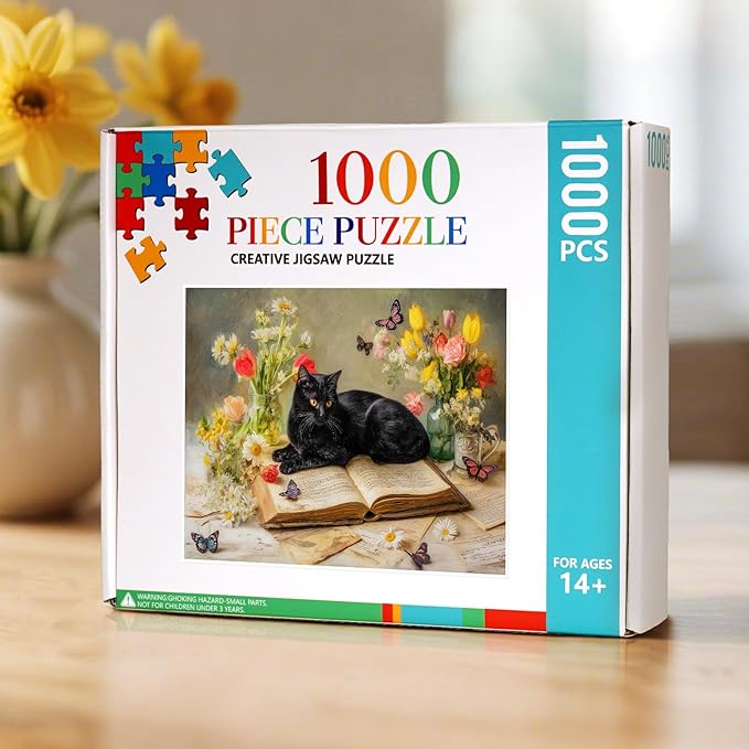 Cat on Book with Flowers Puzzles for Adults 1000 Pieces, Impossible Hard Difficult Challenging Jigsaw Puzzle 1000 Pieces, Christmas Birthday Gifts Home Decor for Adults/Friends/Family