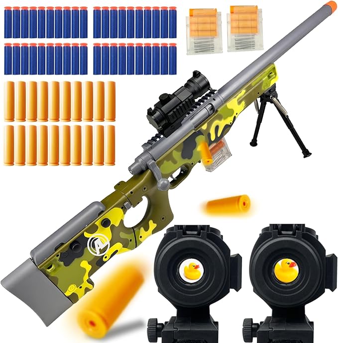 AGM MASTECH AWM Foam Dart Blaster, Shell Ejecting Model with Scope, Metal Components, Foldable Stock, 40 Darts, 20 Shells. Tactical CS Game Prop for Teens 14+ and Adults (Camo Green)