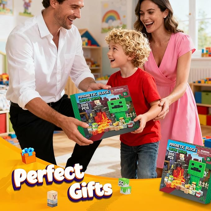 200PCS 0.8inch Magnetic Building Blocks STEM Toy for Kids 3+ Toddler Educational Construction Gift for Boys & Girls (Lava Cave-200pcs)