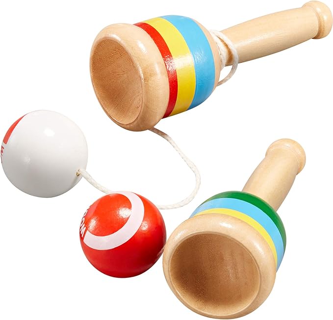 TOODOO 2-Piece Jacks Game with Paddle, String, Cup and Ball - Mini Wood Catch Ball for Hand-Eye Coordination