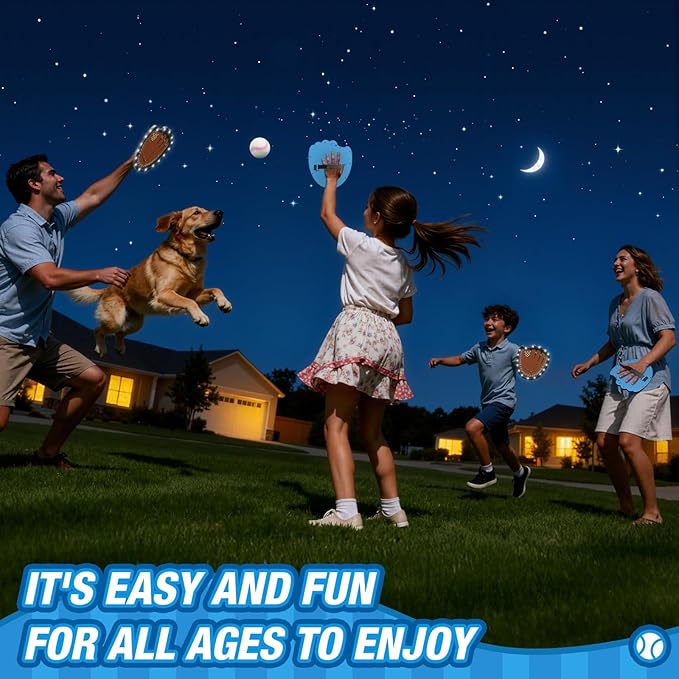 Toss and Catch Ball Game Set, Outdoor Pool Beach Yard Camping Games for Family, Toddler Baseball Birthday Gifts for Boys Girls Ages 3-12 (4 Light Up Paddles & 6 Balls)