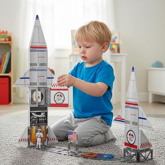 Magnetic Tiles Space Rocket Set,46 PCS Magnetic Building Blocks for Kids 3+, STEM Learning Toys, Safe & Durable Creative Construction Play, Gift for Boys & Girls