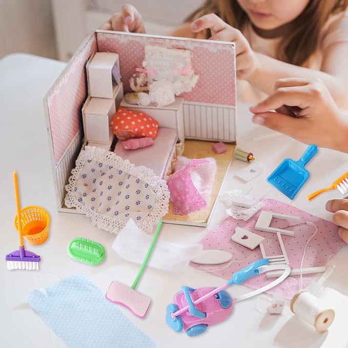 25 Pieces Miniature Doll Housework Cleaning Supplies,Mini Dollhouse Accessories Tools Mop Dustpan,Brush,Broom,Bucket,Dollhouse Furniture Decoration Accessories for Dolls Pretend Play,Random Color