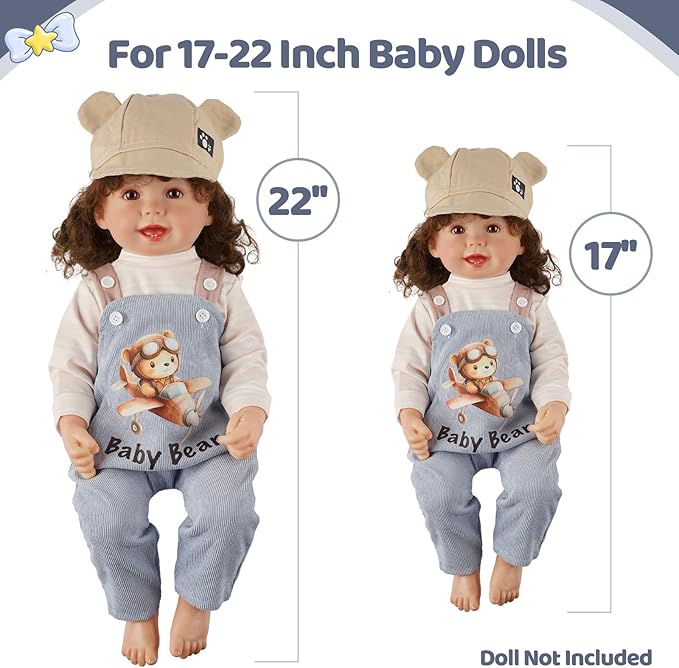 BABESIDE 4 Pcs Reborn Baby Doll Clothes Set for 17-22 Inch Babydolls, Cute Bear Doll Overalls Set with Hat and Dolls Pacifier Clip Chain for Realistic Baby Dolls, Blue