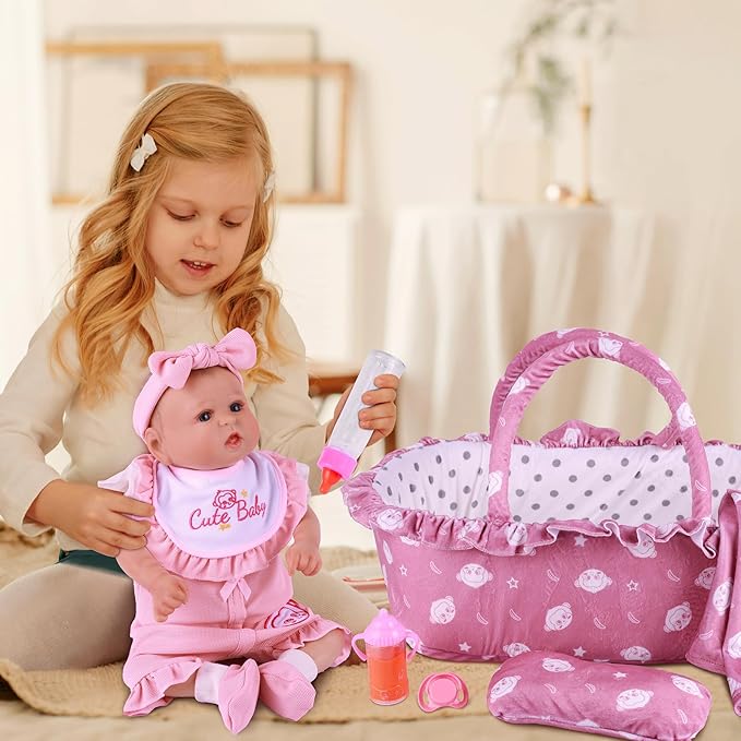 BABESIDE 10 Pcs Reborn Baby Doll Clothes and Accessories Set with Bassinet for 17-22 Inch Dolls, Baby Doll Accessories with Bottles Pacifier for Newborn Dolls Girls, Pink & Bean Paste Color