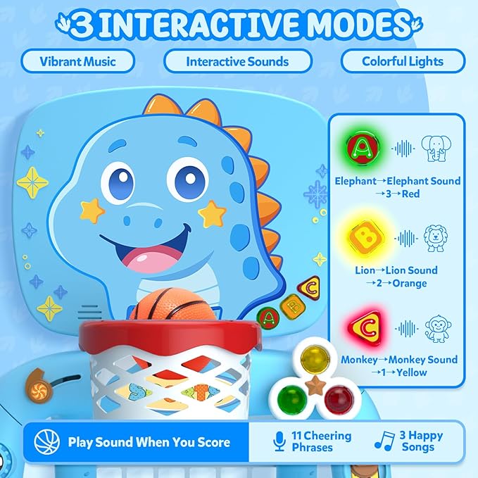Toys for 1 Year Old Boy - Toddler Basketball Hoop & Soccer Goal & Baseball Activity Center with Light Sound Music, Dinosaur Montessori Sports Toy, Christmas Birthday Gift for Baby 12-18 Months, Blue