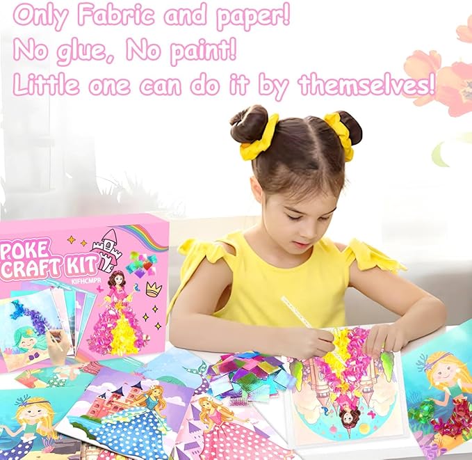 Poke-in Fun Art Fabric Craft,Magical Princesses Kits,Arts and Crafts for Kids,Mess Free Kids'Paper Craft Kits,Art Activity Birthday Christmas Gift Ideas for Children,Toys for Girls &Boys Ages 4-10+