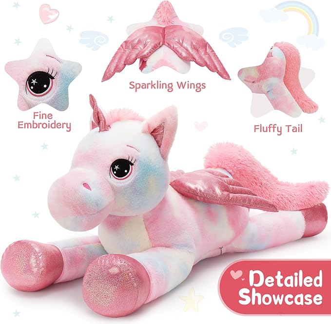 Tezituor 43 Inch Rainbow Pink Unicorn Stuffed Animal with Wing, Giant Stuffed Unicorn Plush Toys for Girls Kids Boys Women,Soft Plushie Gifts for Valentines Day,Christmas, Birthday Party