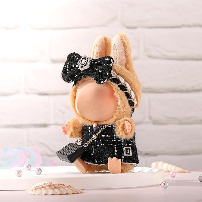 Doll Clothes for Labubu 17cm Have a Seat & Exciting Macaron & Big into Energy Series Dolls, Luxury Chic Series for 17cm Dolls Accessories (Black Dress+Hairband+Bag)