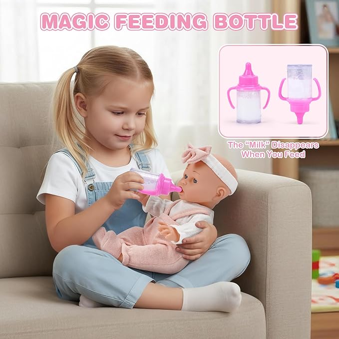 Dreamon 12'' Baby Doll Playset with Carrier Bassinet Bed, 11PCS Baby Doll Accessories Includes Pacifier, Blanket, Pillow, Diaper, Pretend Play Set Baby Doll Care Toys Gifts for Kids Girls