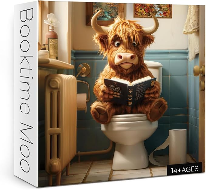 Funny Highland Cow Puzzle for Adults 1000 Pieces, Cute Reading Book Animal Jigsaw Puzzle, Bathroom Toilet Paper Puzzle