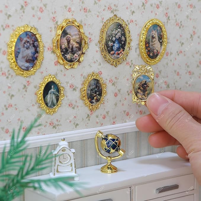 iLAND 1/12 Scale Accessories of Tiny Frames 7pcs with 14 Miniature Pictures Set for Dollhouse Miniatures Décor Also Elf Accessories Classic & Exquisite (Golden Tiny Frame Art)