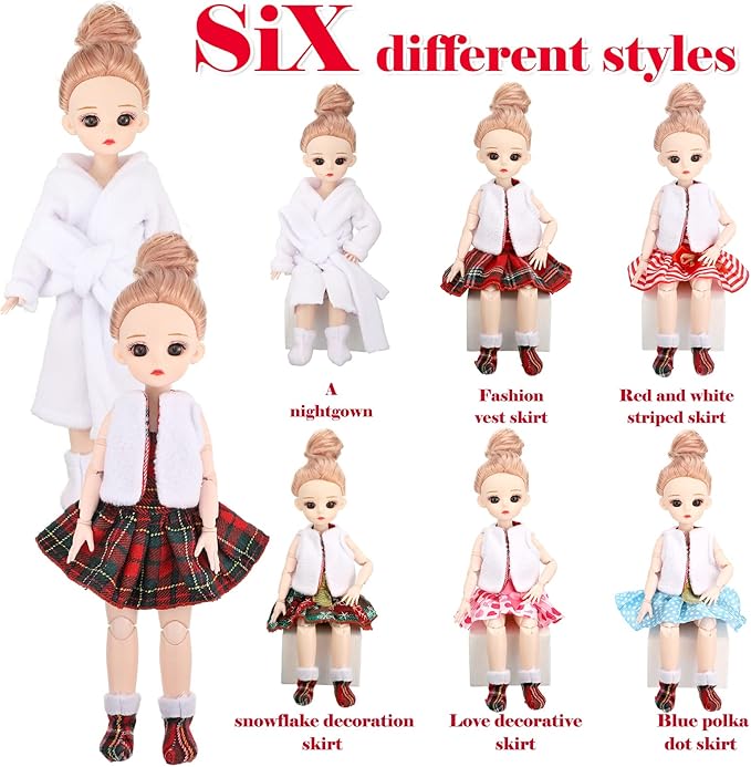 Sumind 14 Pieces Christmas Doll on Clothes Accessories Outfits Set Including Skirts, Bathrobe, Sleeping Bag, Fluffy Vest, Shirt, Scarf, Eye Cover and Boots for Xmas Doll Decor(Cute Style)