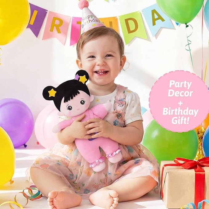OUOZZZ Soft Baby Doll 10" - Asian Doll First Birthday Toys for 1 Year Old Girl, Ideal 1 Year Old Girl Gifts & Baby Girl Gifts, Snuggle Buddy for Infants Pink Straps Black Hair