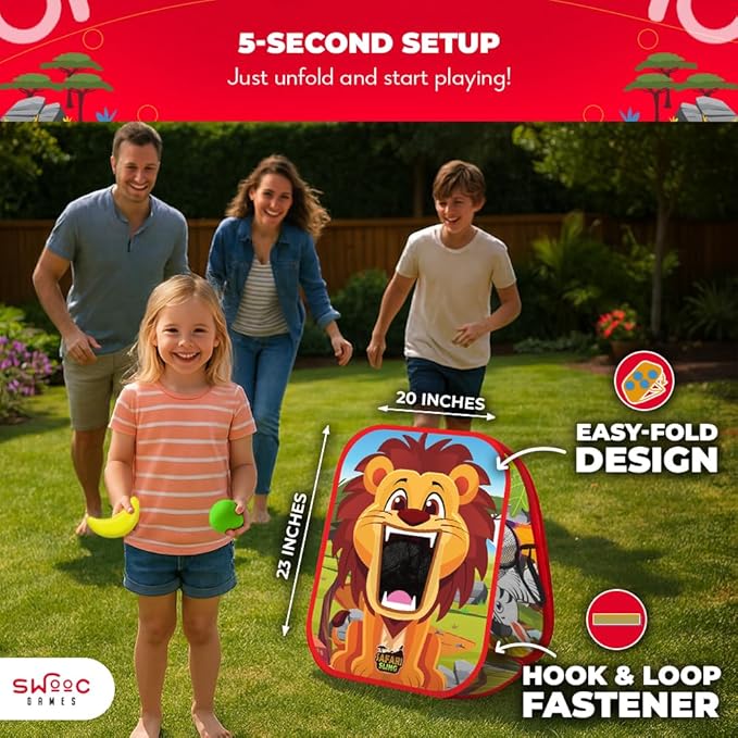 Swooc Games - Safari Sling™ | 2-in-1 Bean Bag Toss Game for Kids | 5-Second Setup Kids Cornhole Game Set | Outdoor Toddler Activities | Backyard Party Games | Corn Hole Set Toddler Bean Bag Toss