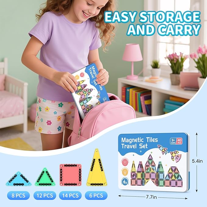 40PCS Mini Magnetic Tiles Travel Set, Portable STEM Building Blocks for Kids with Metal Storage Box, Montessori Sensory Toys for Classroom & Travel, Gift for Boys & Girls