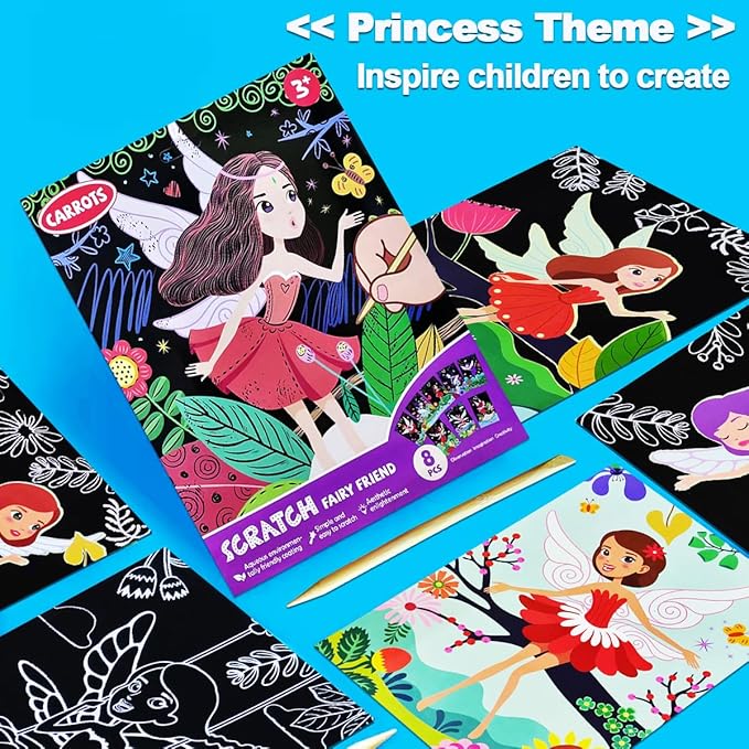 JUNQIU Scratch Art for Kids, Princesses Black Rainbow Scratch Art Paper Set-Arts and Crafts Kits & Supplies, Party Games & Activity, Gifts for Toddlers Girls Birthday Christmas
