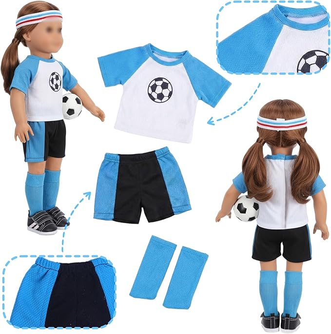18 inch Doll Clothes, Soccer Uniform Doll Outfit & Accessories Set, Includes Shirt Shorts Socks Headband Shoes Football Key Ring, Sport Doll Clothes Fits 18" Dolls