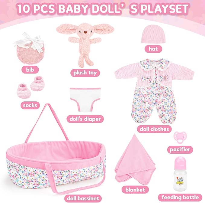 deAO Baby Doll Accessories Set Baby Doll Bassinet for 12-18 Inch Baby Dolls Includes Clothes Carrier Bed Blanket Diapers Pretend Play Set Toys for Kids