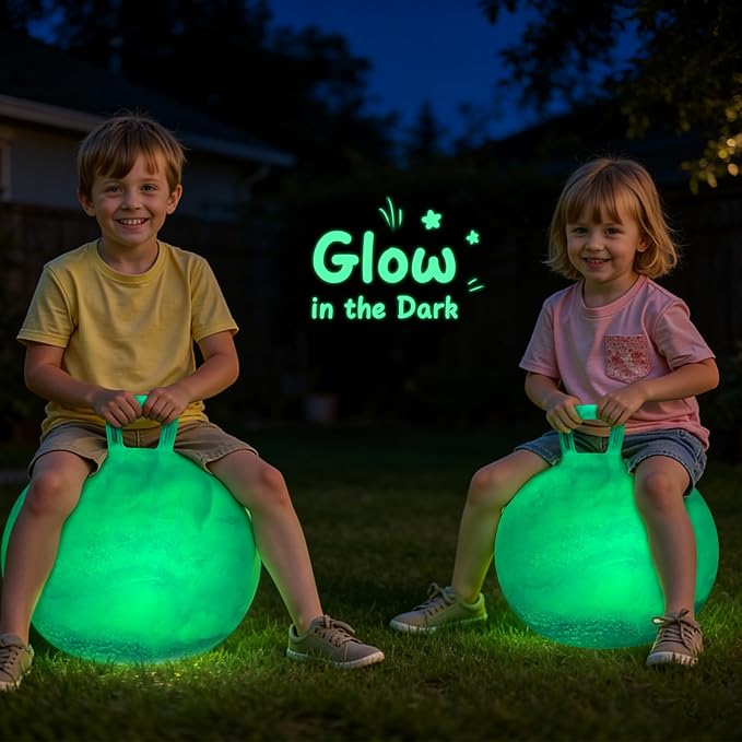 PlayZap Glow in The Dark Hopper Ball for Kids 3-8, Night Light Bouncy Ball with Handle, 18 Inch Inflatable Hippity Hop Jumping Hopping Toys Girls Boys Gifts for Indoor Outdoor