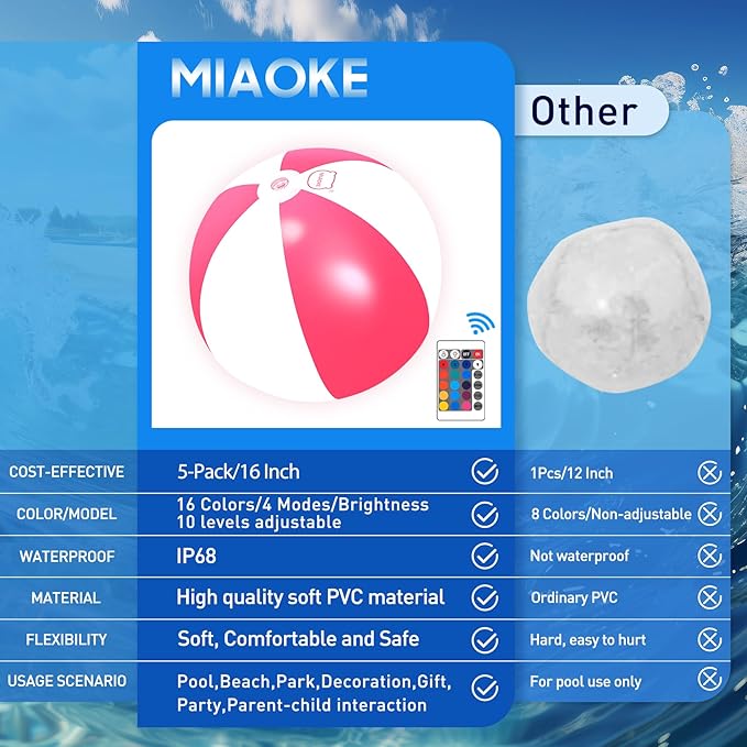 MIAOKE Funny and Playful Pool Toys 16 Inch 5 Pack- LED Beach Ball,Suitable for Pool Games Night Summer Pool Party,Outdoor Everybody Family Games