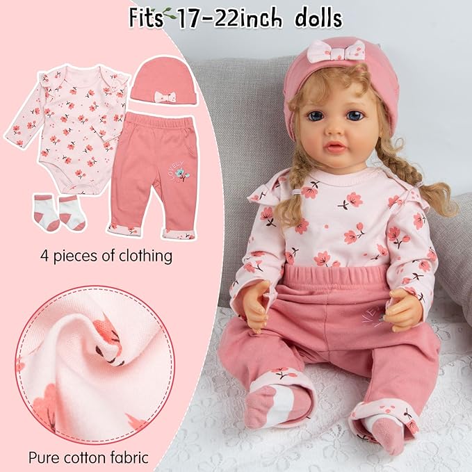 12 Pcs Reborn Baby Doll Clothes Floral Outfits for 17-22 Inch Reborn Dolls Girl with Backpack and Soft Diapers Babydoll Accessories