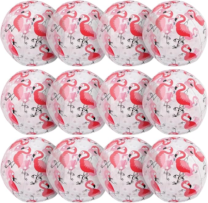 Fun Express Flamingo Print Beach Balls Bulk 12 Pack - Inflatable Pool Toys for Kids & Adults | Hawaiian Luau Party Decorations & Favors | Tropical Beach Party Supplies for Summer Fun Outdoor Play 11"