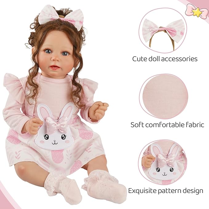 BABESIDE Easter 4 Pcs Reborn Baby Doll Clothes and Accessories for 17-20 Inch Baby Dolls, Easter Pink Bunny Dolls' Clothes Set with Headband (Doll NOT Included)