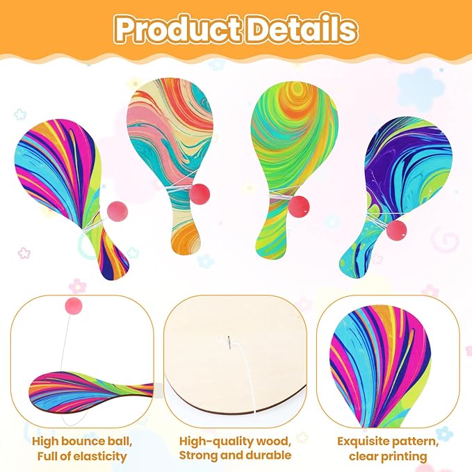 Psychedelic Paddle Ball Set of 16 – Vintage Wooden Paddle Ball with String | Retro 90s Party Favors, Carnival Prizes & Fun Desk Game for Adults – Indoor Outdoor Game