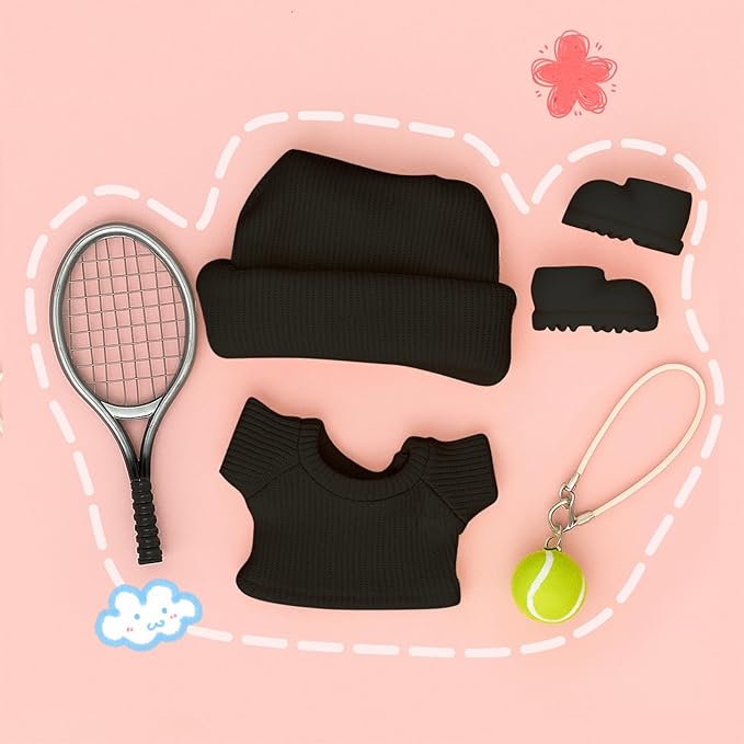 17cm Doll Clothes for Lububu Dolls，Designer Jerseys Clothes Suitable for lububu Dolls Outfits and Accessories Set， Includes top + Pants + Tennis Racket + Ball Charm + Shoes (Black)