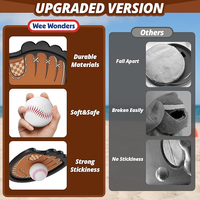 Toss and Catch Ball Set, Toddler Baseball Glove Includes 2 Paddles & 3 Sticky Balls, Catching Ball Game for Beach Yard Pool Outside, Indoor Outdoor Toys Gifts for Kids Ages 3-12, Brown