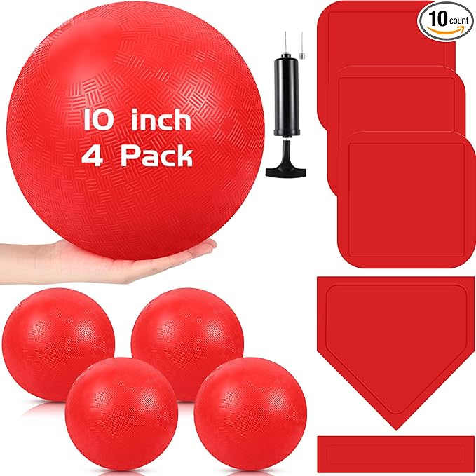 Hiboom 16 Pcs Sports Kickball Set Includes 10 Inches Playground Ball 5 Rubber Throw Down Bases Ball Pump 10 Foul Line Cones for Kids Adults Playground School Backyard Game Camps Picnic