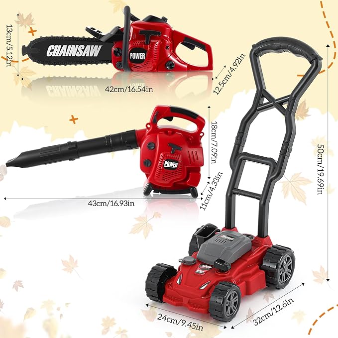 3 Pcs Toy Gardening Tool Set for Kids Toy Leaf Blower Chainsaw Push Lawn Mower Pretend Set with Lights and Sounds Christmas Birthday Gifts for Boys Girls