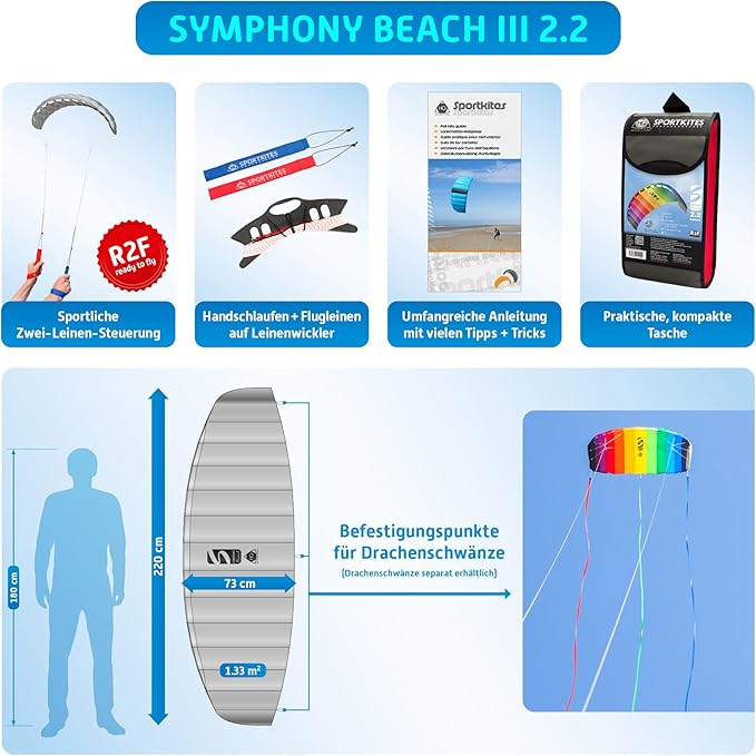 HQ Symphony Beach III 2.2 Stunt Kite, Aqua, Dual Line Foil Sport Kite