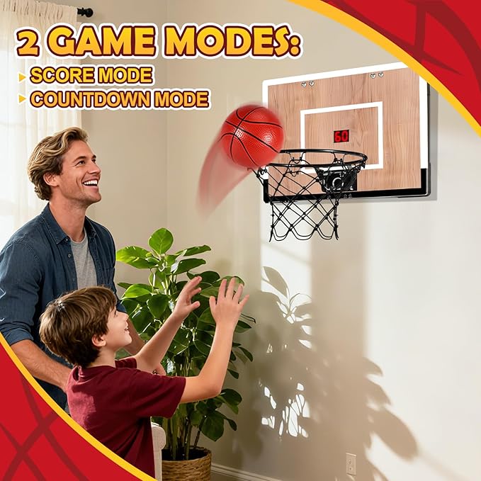 Indoor Basketball Hoop for Kids, Mini Basketball Hoops Over The Door and Wall Mount with Wooden Backboard, 3 Balls and Pump, Idea Toys Gifts for Kids and Adult