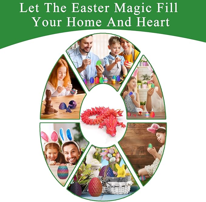 3D Printed Dragon Easter Egg,12in. Articulated Crystal Dragon Fidget Toy,Perfect Basket Essentials Stuffers (1set & 12inch CandyMulti)