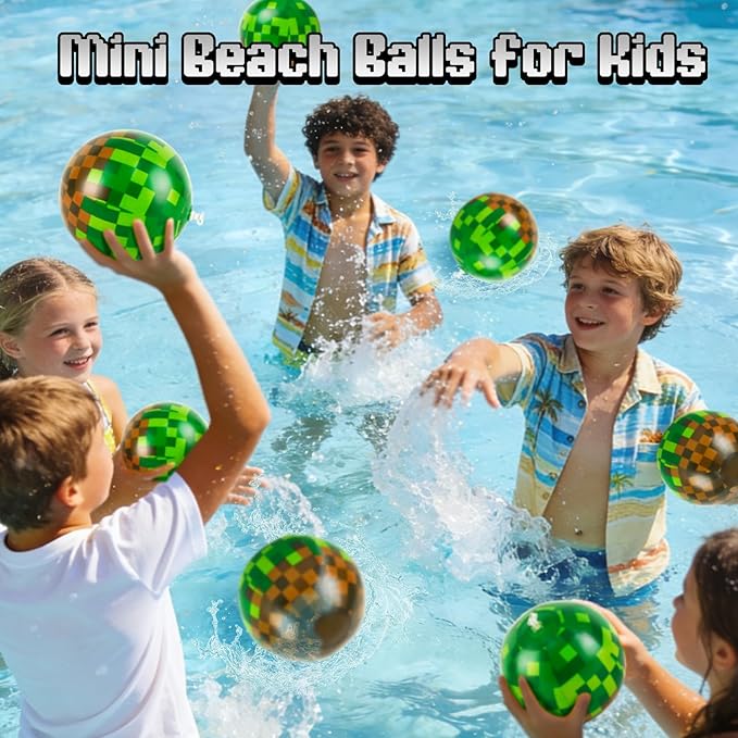 24 Pack Pixel Themed Beach Balls - 6 Inches Green and Brown Inflatable Floating Balls for Birthday Party Decorations, Summer Pool and Beach Game, and Bulk Birthday Party Favors