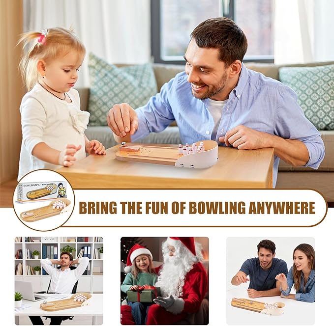 Mini Bowling Set, Wooden Portable Tabletop Bowling Game for Kids, Indoor/Outdoor Family Party Game, Gift for Boys and Girls