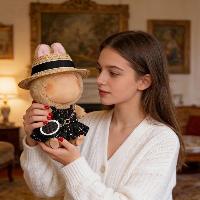 Doll Clothes for 17cm Dolls, Premium Handmade with Luxury Chic Style Set 3 Piece Set Including a Clothes, Black Bag and Straw Hat, - High-End Dolls Accessories for Play & Display for Play & Display