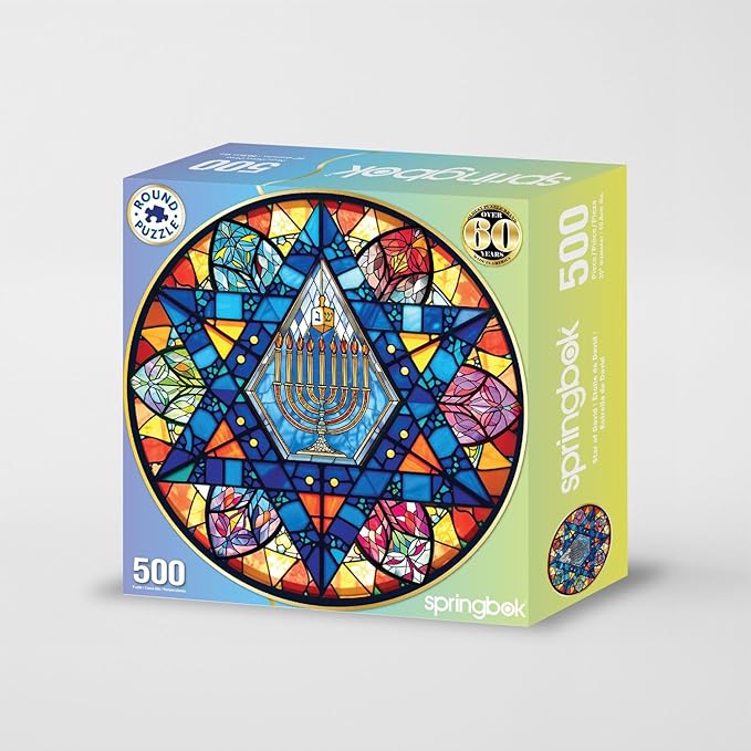 Springbok Star of David 500 Piece Round Puzzle for Adults- Beautiful Stained Glass Star of David Image